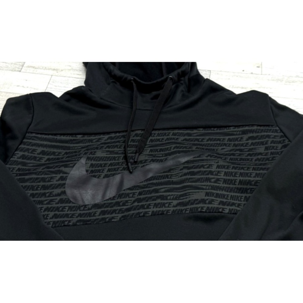 Mens NIKE DRI-FIT Black Graphic Hoodie Swoosh Logo Repeating Pattern LARGE